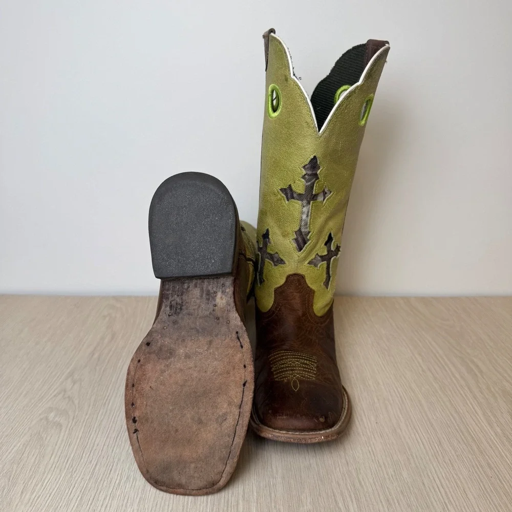 Ariat Kids Heritage Western Cowboy Boots Leather Cross Embroidered Size 12